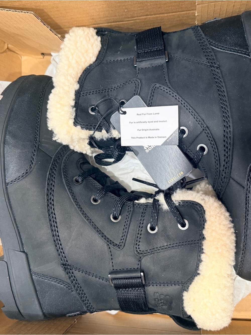 Sorel Black Lace-Up Boots with Faux Shearling Trim